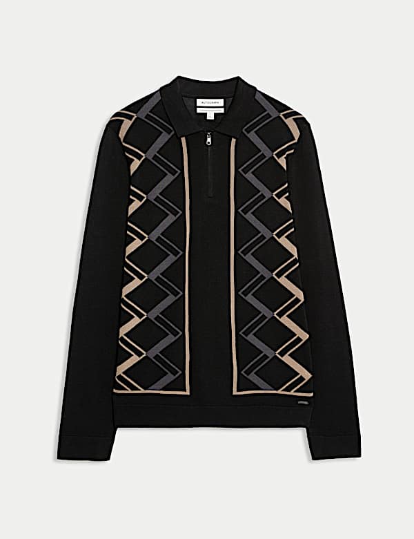 חולצת פולו סרוגה מכותנה טהורה ממורצרת עם רוכסן חלקי - IL