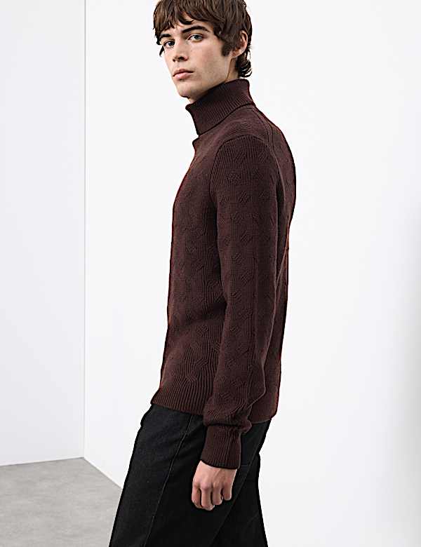 Pure Wool Wave Stitch Roll Neck Jumper