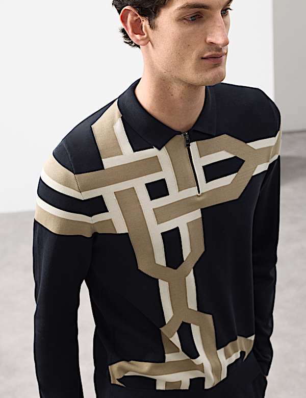Mercerised Cotton Geometric Knitted Polo Shirt - DE