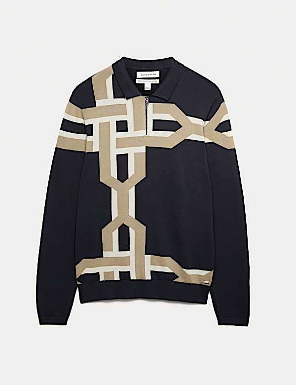 Mercerised Cotton Geometric Knitted Polo Shirt - DE