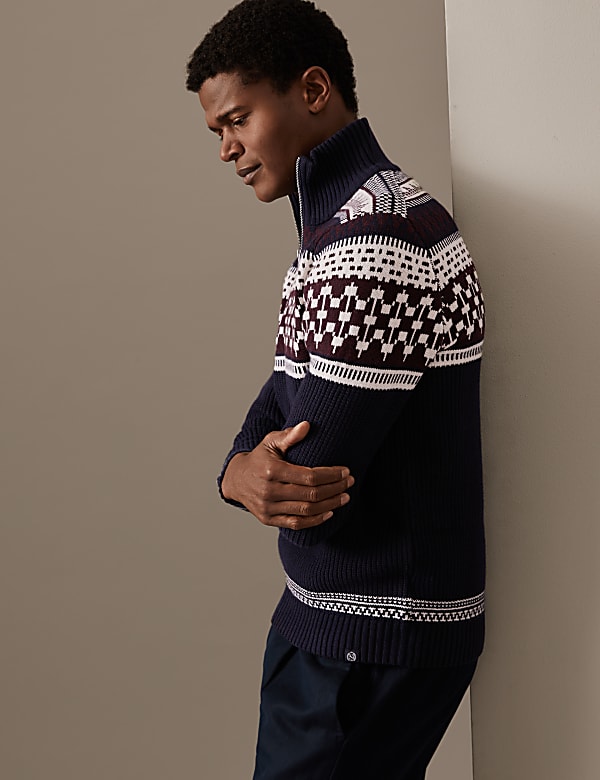 Cotton Blend Fair Isle Half Zip Jumper