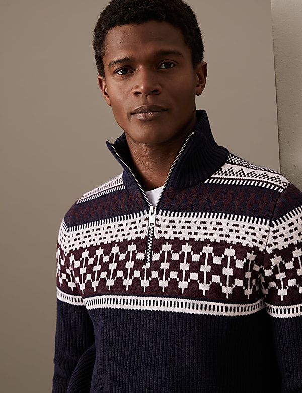 Cotton Blend Fair Isle Half Zip Jumper