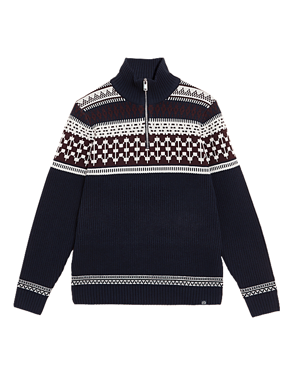 Cotton Blend Fair Isle Half Zip Jumper