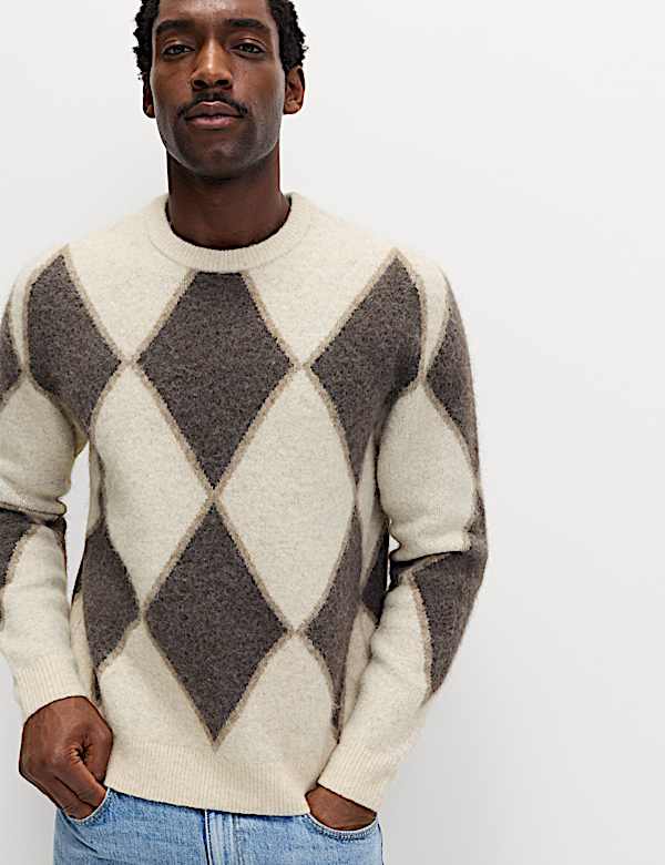 Argyle Hazy Knit Crew Neck Jumper with Wool - NL