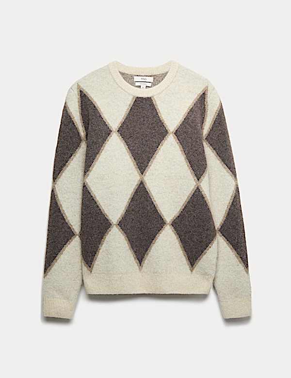 Argyle Hazy Knit Crew Neck Jumper with Wool - NL