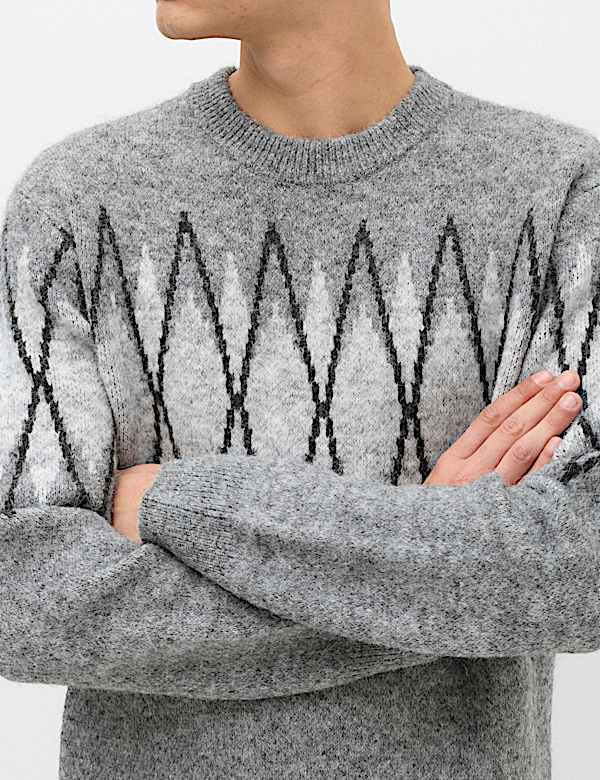 Relaxed Argyle Crew Neck Jumper with Wool - NZ
