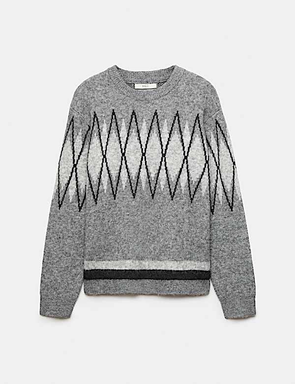 Relaxed Argyle Crew Neck Jumper with Wool - NZ
