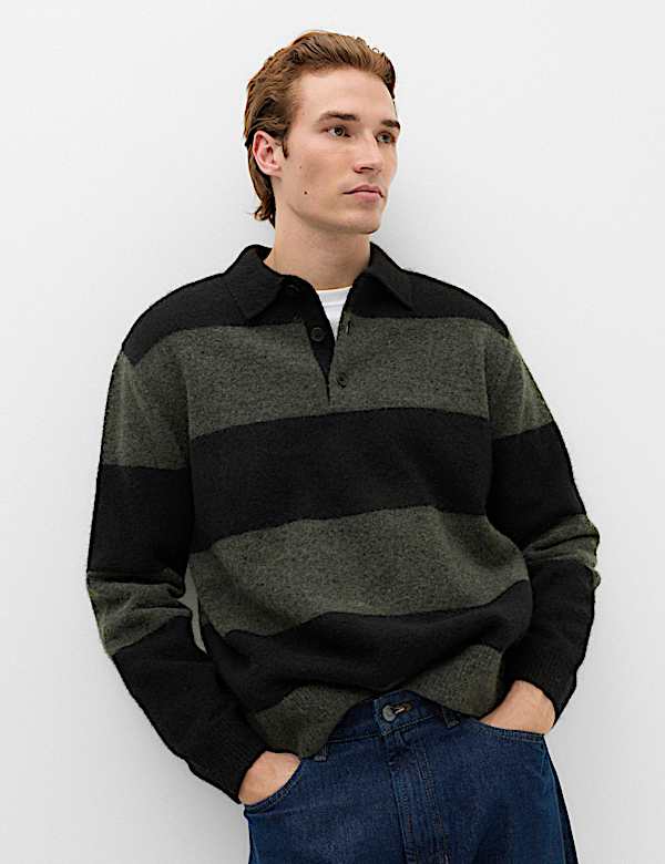Striped Collared Neck Rugby Jumper with Wool