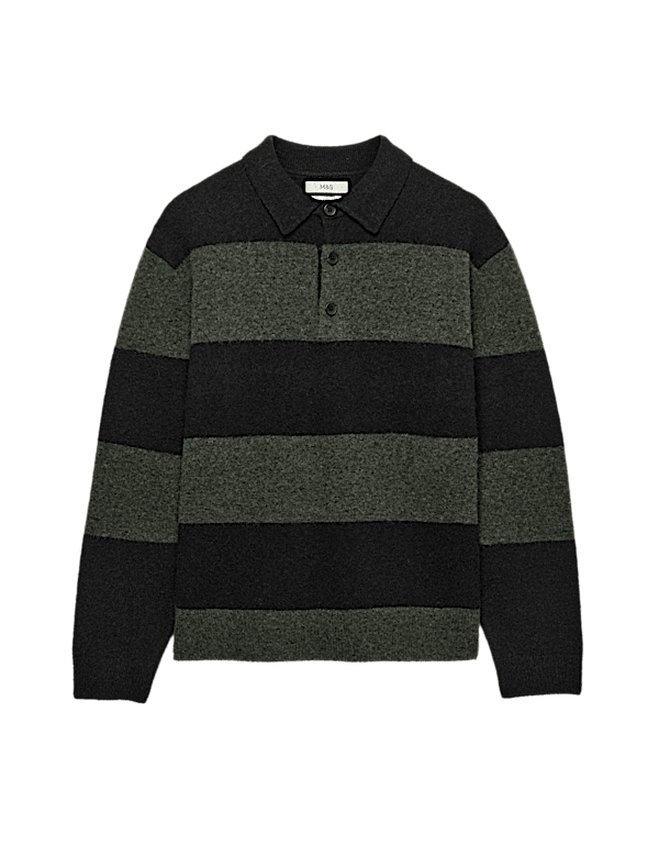 Striped Collared Neck Rugby Jumper with Wool
