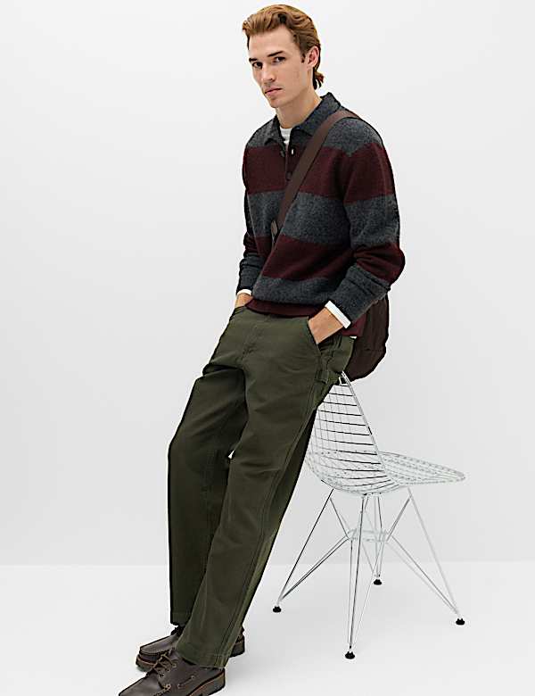Striped Collared Neck Rugby Jumper with Wool