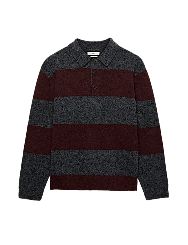 Striped Collared Neck Rugby Jumper with Wool