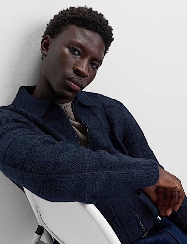 Textured Knitted Zip Up Jacket with Wool - BG