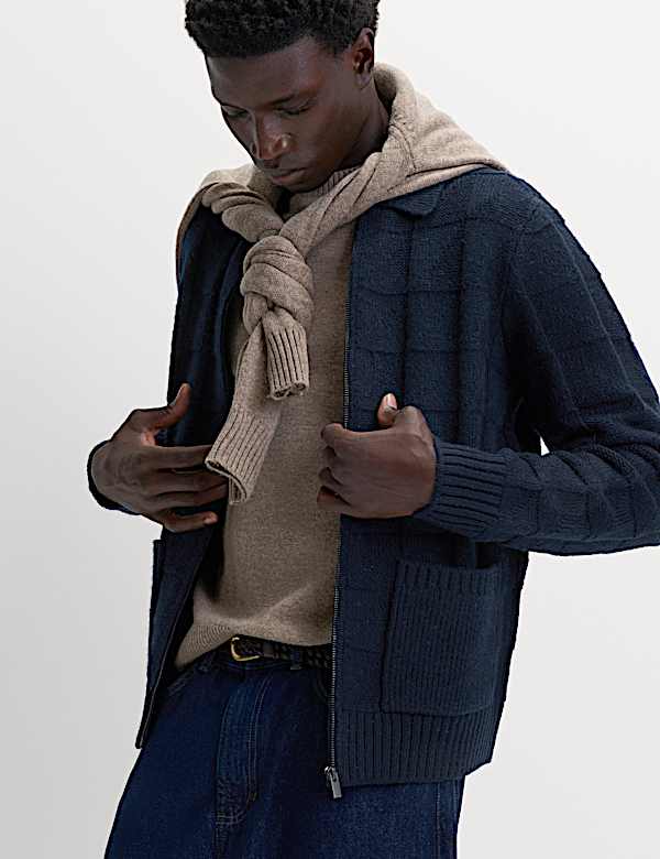 Textured Knitted Zip Up Jacket with Wool - BG