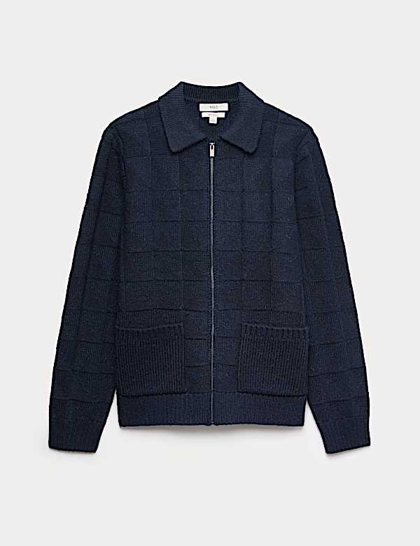 Textured Knitted Zip Up Jacket with Wool - BG