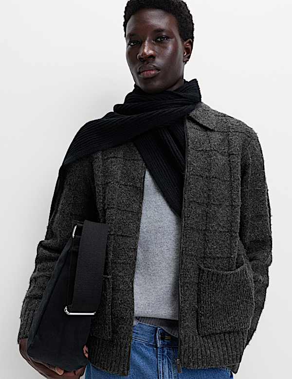 Textured Knitted Zip Up Jacket with Wool - BG