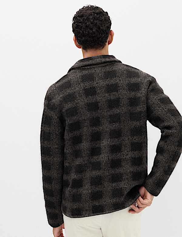 Checked Button Through Knitted Jacket - NZ