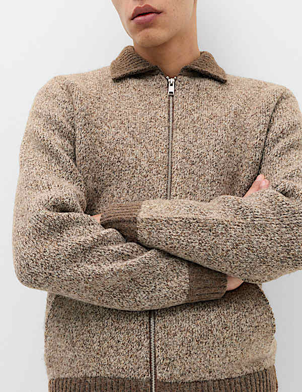Twist Knit Zip Through Jumper with Wool