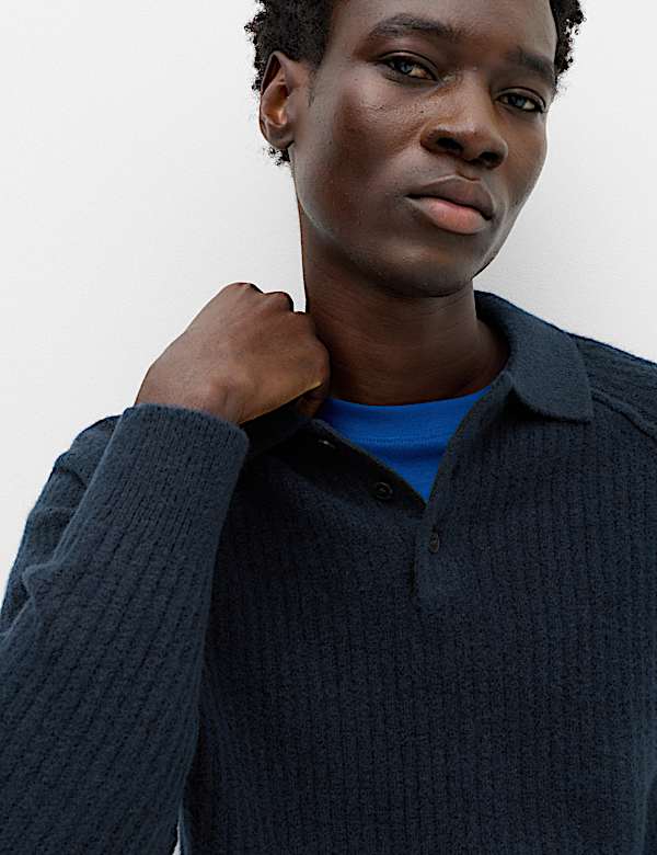 Lofty Ribbed Buttoned Knitted Polo Shirt - CA