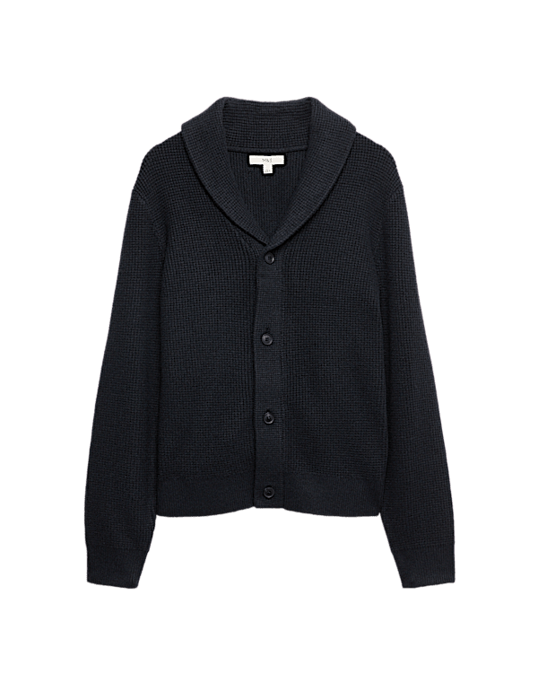 Air-Yarn Waffle Knit Shawl Neck Cardigan