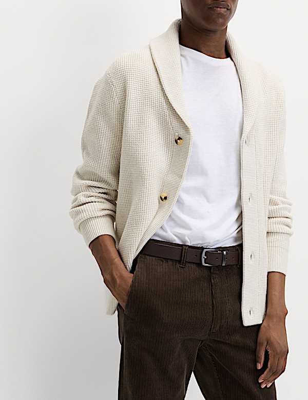 Air-Yarn Waffle Knit Shawl Neck Cardigan - GR