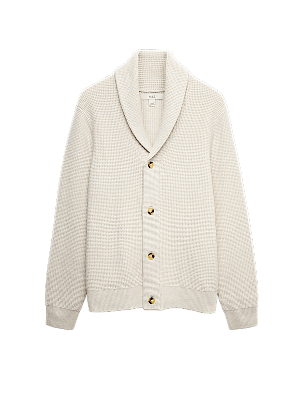 Air-Yarn Waffle Knit Shawl Neck Cardigan