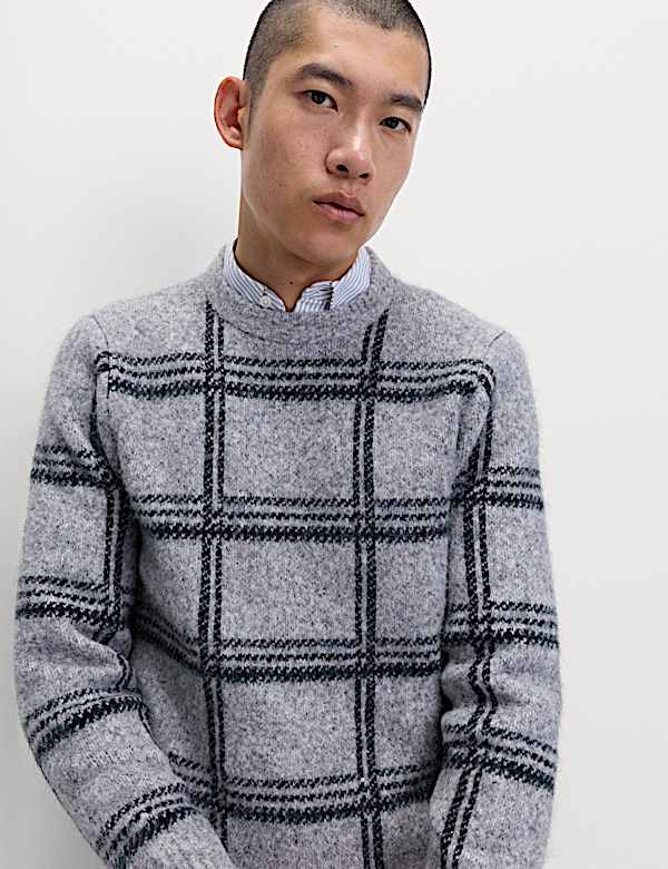 Check Hazy Knit Crew Neck Jumper - GR