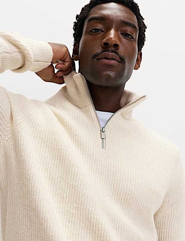 סוודר ריב רך במיוחד עם רוכסן חלקי בשילוב צמר - IL