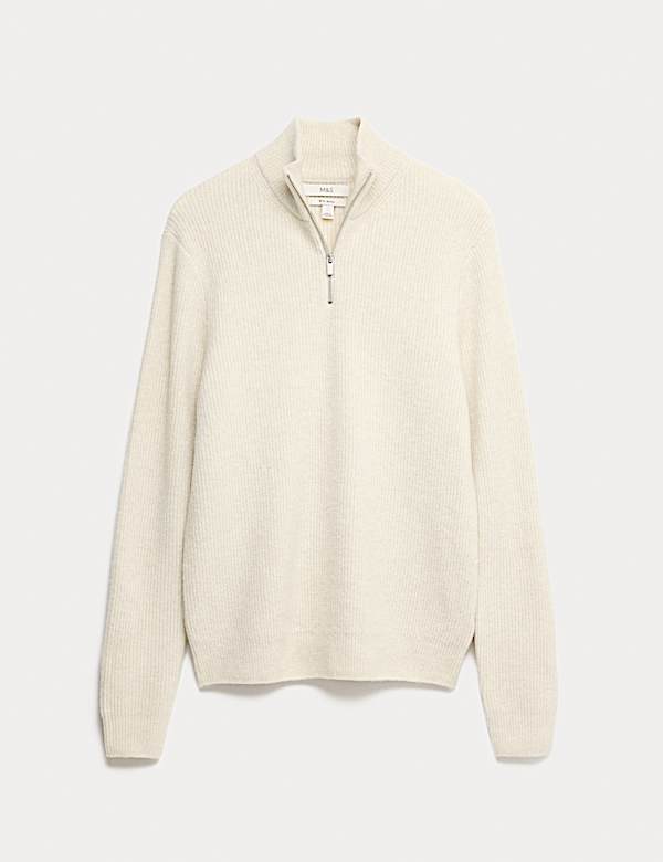 סוודר ריב רך במיוחד עם רוכסן חלקי בשילוב צמר - IL