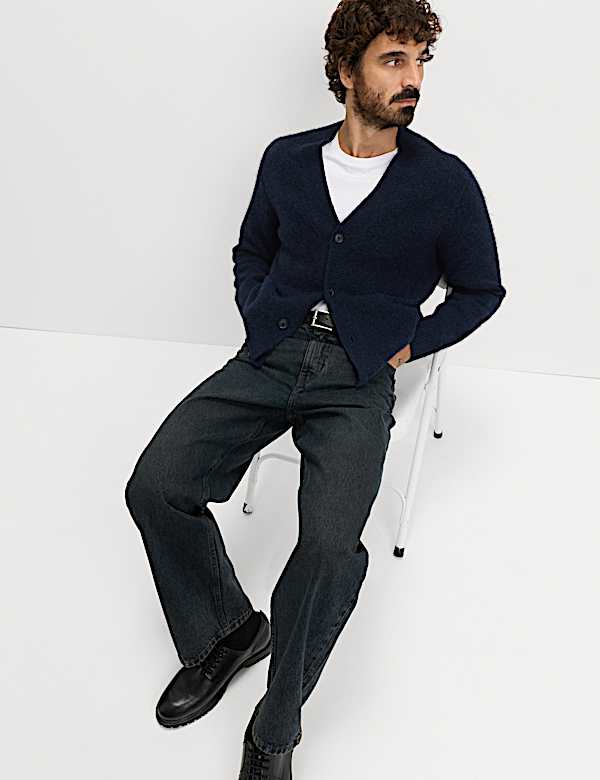 Relaxed Textured V-Neck Cardigan with Wool - US