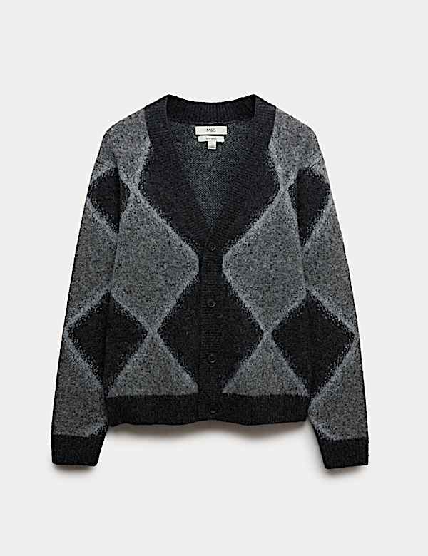 קרדיגן בדוגמת ארגייל בשילוב צמר עם צווארון וי - IL