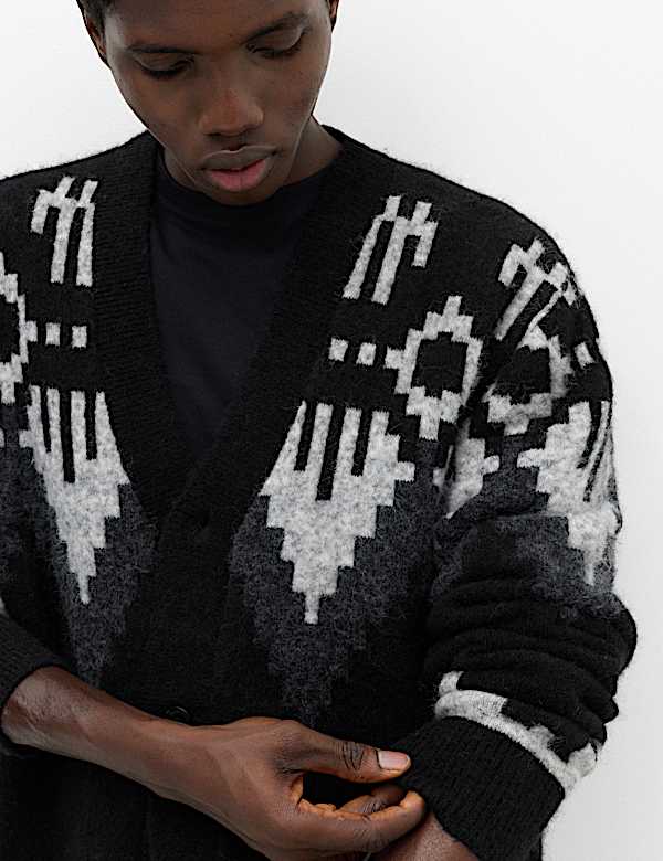 Fairisle Monochrome V Neck Knitted Cardigan - JO