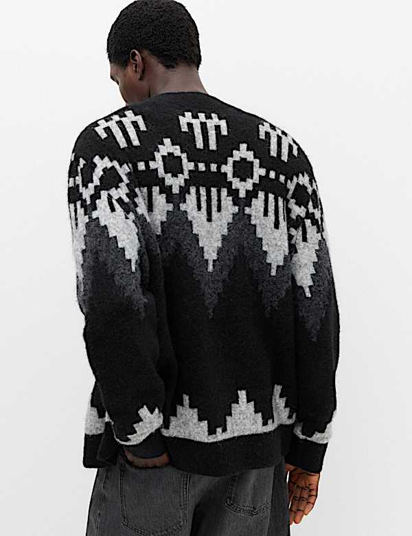 Fairisle Monochrome V Neck Knitted Cardigan - JO