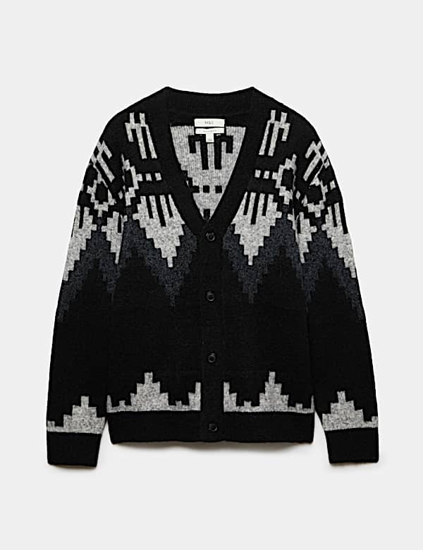Fairisle Monochrome V Neck Knitted Cardigan - JO