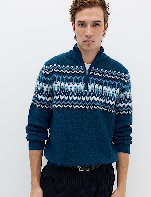 Fair Isle Half Zip Jumper with Wool