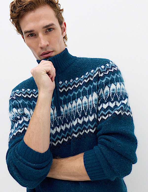 Fair Isle Half Zip Jumper with Wool