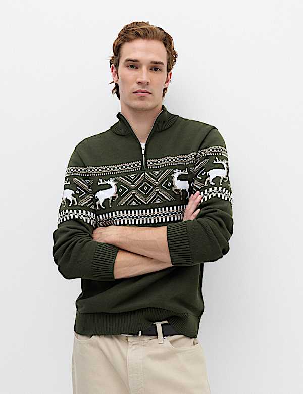 Pure Cotton Fair Isle Half Zip Jumper