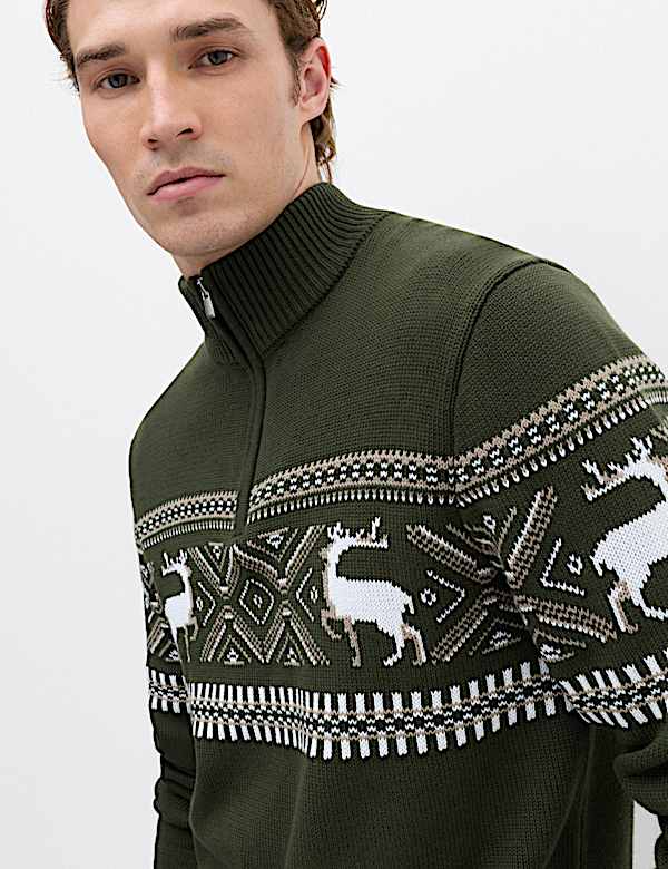 Pure Cotton Fair Isle Half Zip Jumper