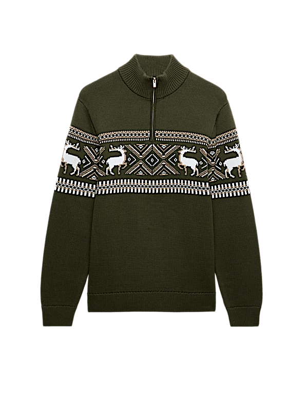 Pure Cotton Fair Isle Half Zip Jumper