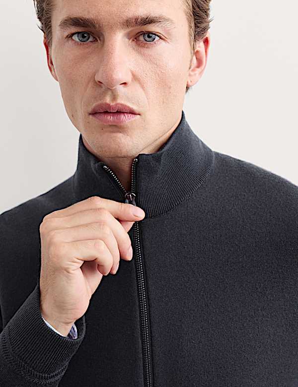 Cardigan en laine merinos &agrave; col chemin&eacute;e et fermeture zipp&eacute;e - CA