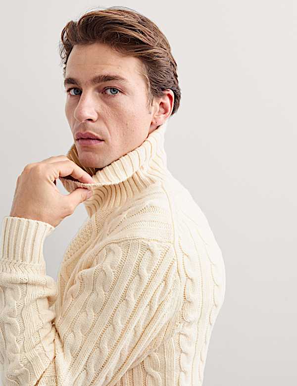 Pure Lambswool Cable Knit Roll Neck Jumper - CH