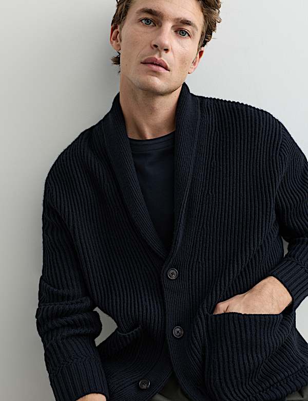 Pure Lambswool Ribbed Shawl Neck Cardigan - CH
