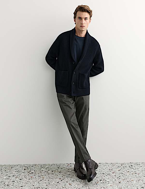 Pure Lambswool Ribbed Shawl Neck Cardigan - CH