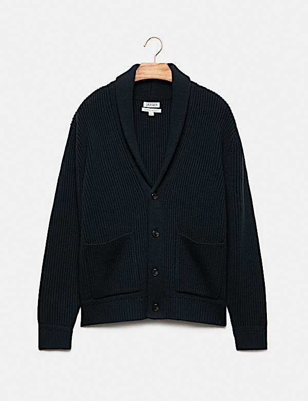 Pure Lambswool Ribbed Shawl Neck Cardigan - CH
