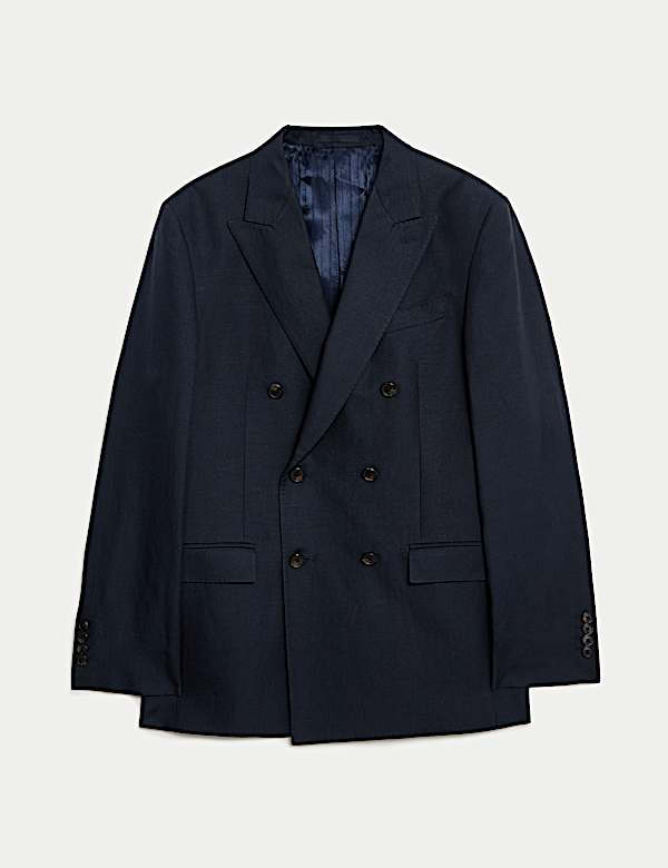 Tailored Fit Silk & Linen Blend Double Breasted Suit Jacket - GR