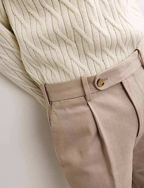 Pure Cotton Tapered Fit Pleated Twill Trousers - GR