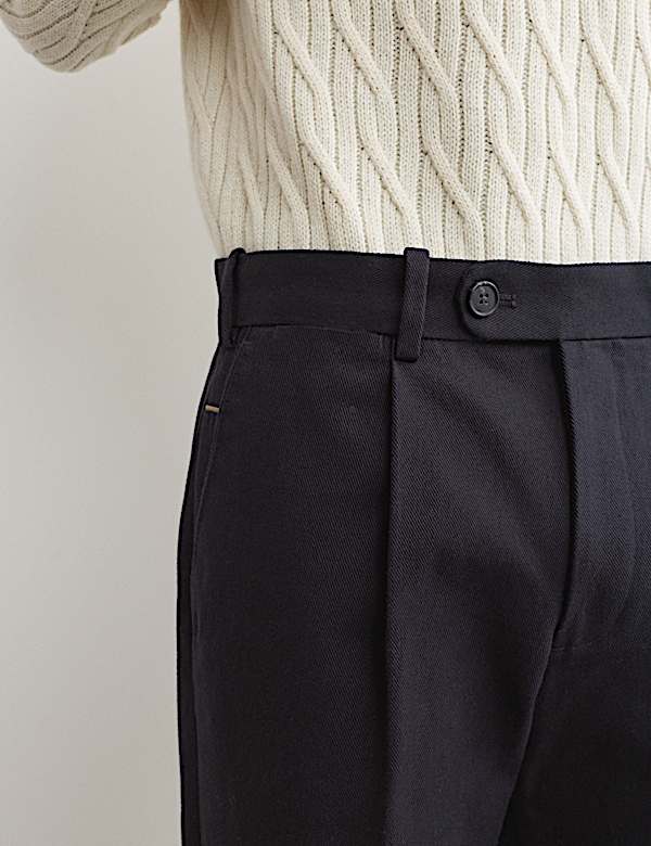 Pure Cotton Tapered Fit Pleated Twill Trousers - NZ