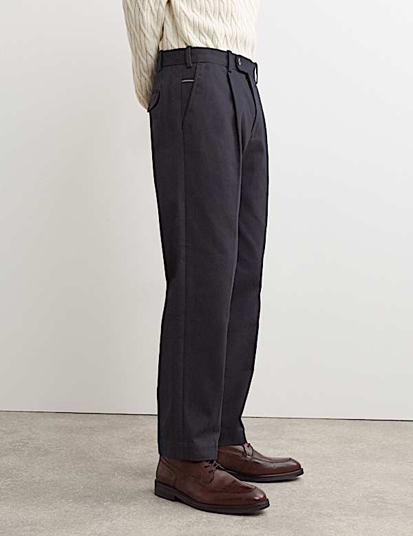 Pure Cotton Tapered Fit Pleated Twill Trousers - NZ