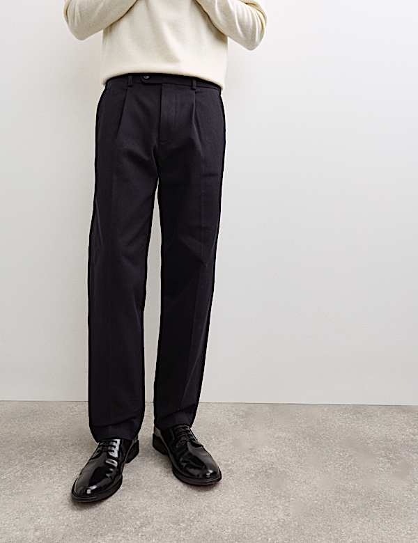 Pure Cotton Tapered Fit Pleated Twill Trousers - FR