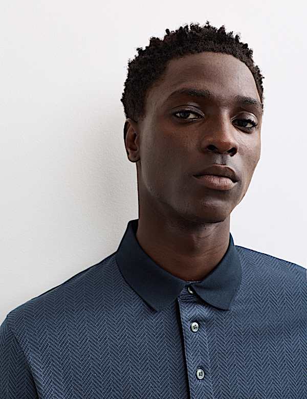 Pure Cotton Textured Long Sleeve Polo Shirt - GR
