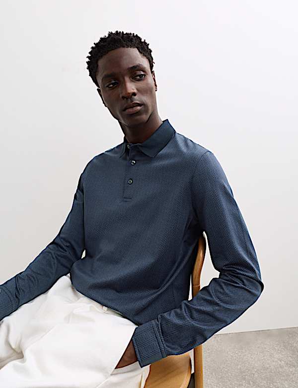 Pure Cotton Textured Long Sleeve Polo Shirt - GR